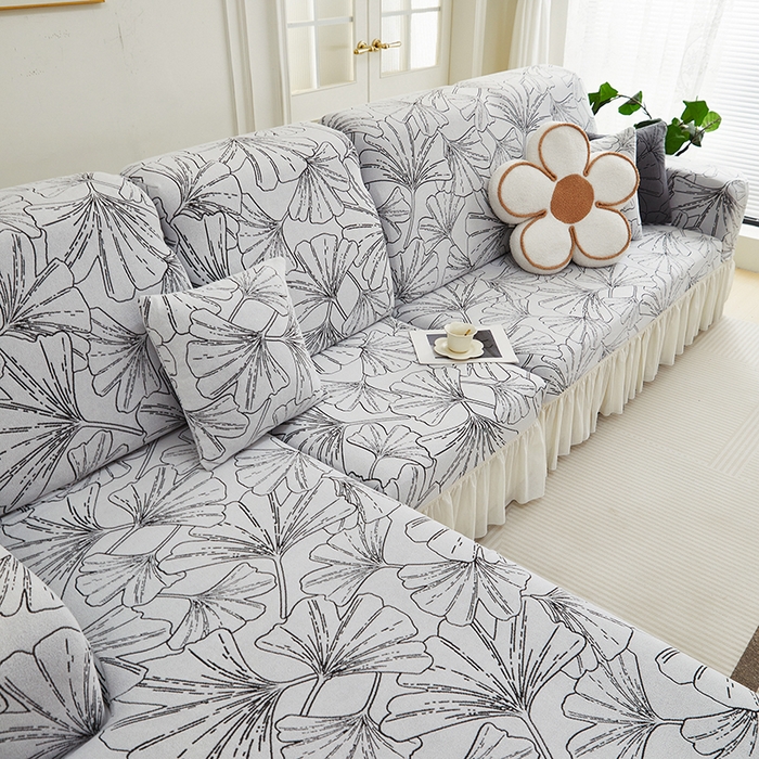 91家纺网 家纺一手货源 找家纺 丝绮鹿 2025新款银杏叶系列-沙发套裙边款（贵妃图） 象牙白