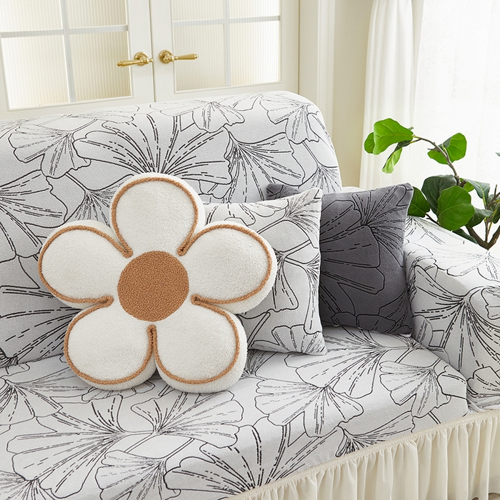 91家纺网 家纺一手货源 找家纺 丝绮鹿 2025新款银杏叶系列-沙发套裙边款（贵妃图） 象牙白