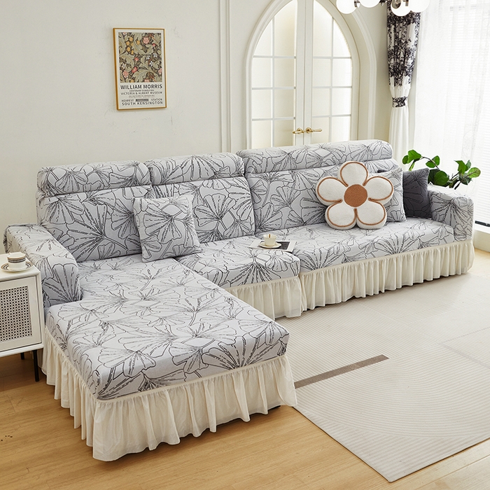 91家纺网 家纺一手货源 找家纺 丝绮鹿 2025新款银杏叶系列-沙发套裙边款（贵妃图） 象牙白