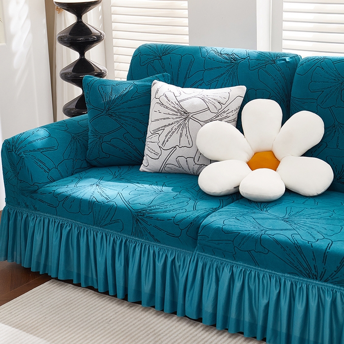 91家纺网 家纺一手货源 找家纺 丝绮鹿 2025新款银杏叶系列-沙发套裙边款 黛蓝