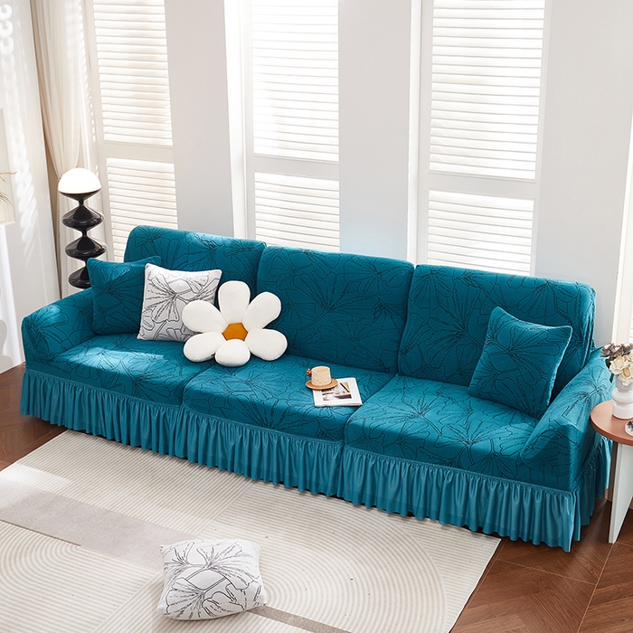 91家纺网 家纺一手货源 找家纺 丝绮鹿 2025新款银杏叶系列-沙发套裙边款 黛蓝