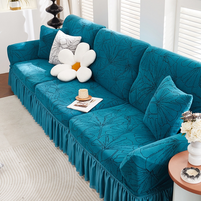 91家纺网 家纺一手货源 找家纺 丝绮鹿 2025新款银杏叶系列-沙发套裙边款 黛蓝