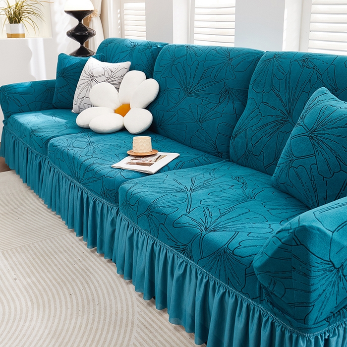 91家纺网 家纺一手货源 找家纺 丝绮鹿 2025新款银杏叶系列-沙发套裙边款 黛蓝