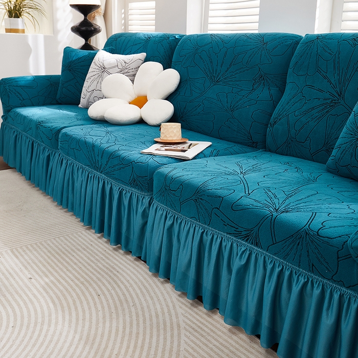 91家纺网 家纺一手货源 找家纺 丝绮鹿 2025新款银杏叶系列-沙发套裙边款 黛蓝