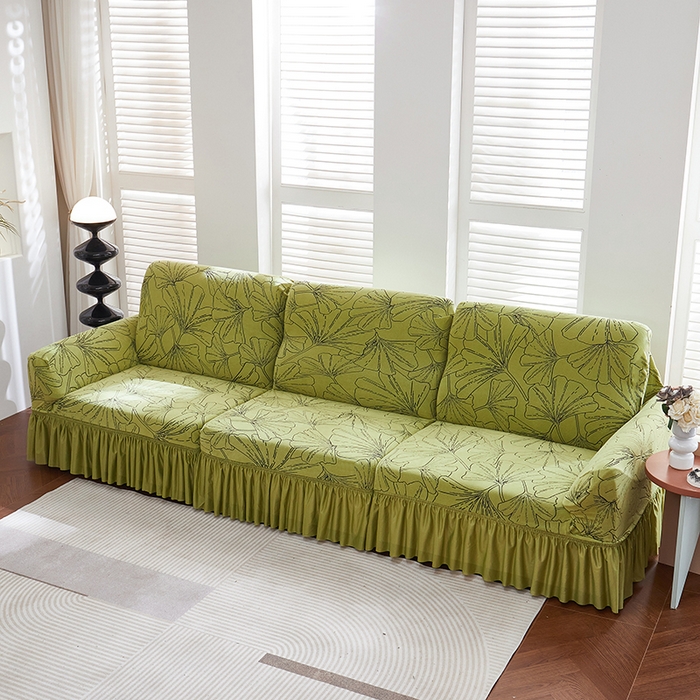 91家纺网 家纺一手货源 找家纺 丝绮鹿 2025新款银杏叶系列-沙发套裙边款 橄榄绿