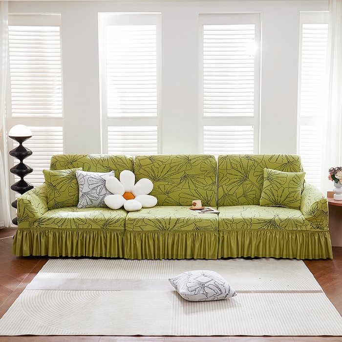91家纺网 家纺一手货源 找家纺 丝绮鹿 2025新款银杏叶系列-沙发套裙边款 橄榄绿