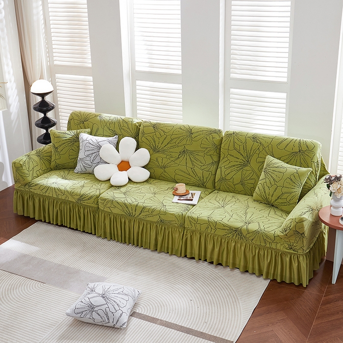 91家纺网 家纺一手货源 找家纺 丝绮鹿 2025新款银杏叶系列-沙发套裙边款 橄榄绿