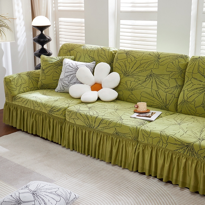 91家纺网 家纺一手货源 找家纺 丝绮鹿 2025新款银杏叶系列-沙发套裙边款 橄榄绿
