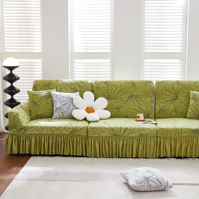 91家纺网 家纺一手货源 找家纺 丝绮鹿 2025新款银杏叶系列-沙发套裙边款 橄榄绿