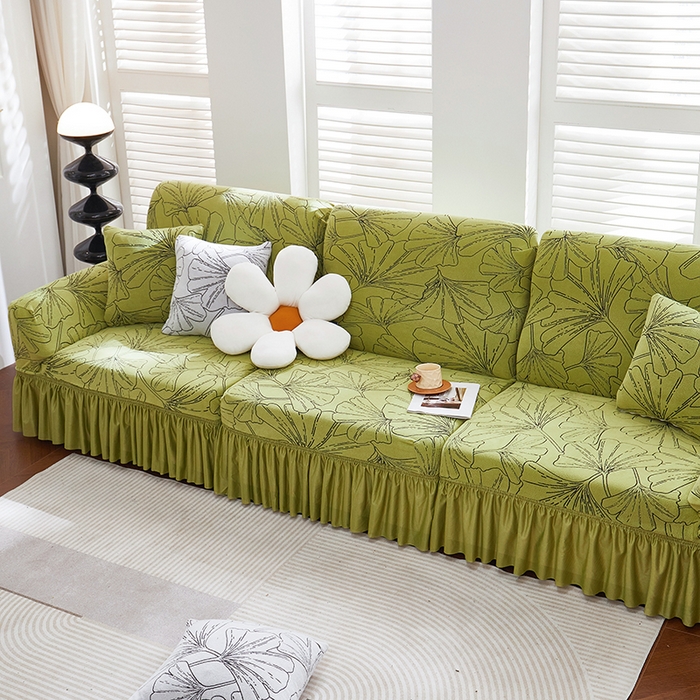 91家纺网 家纺一手货源 找家纺 丝绮鹿 2025新款银杏叶系列-沙发套裙边款 橄榄绿
