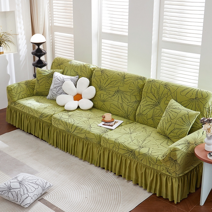 91家纺网 家纺一手货源 找家纺 丝绮鹿 2025新款银杏叶系列-沙发套裙边款 橄榄绿