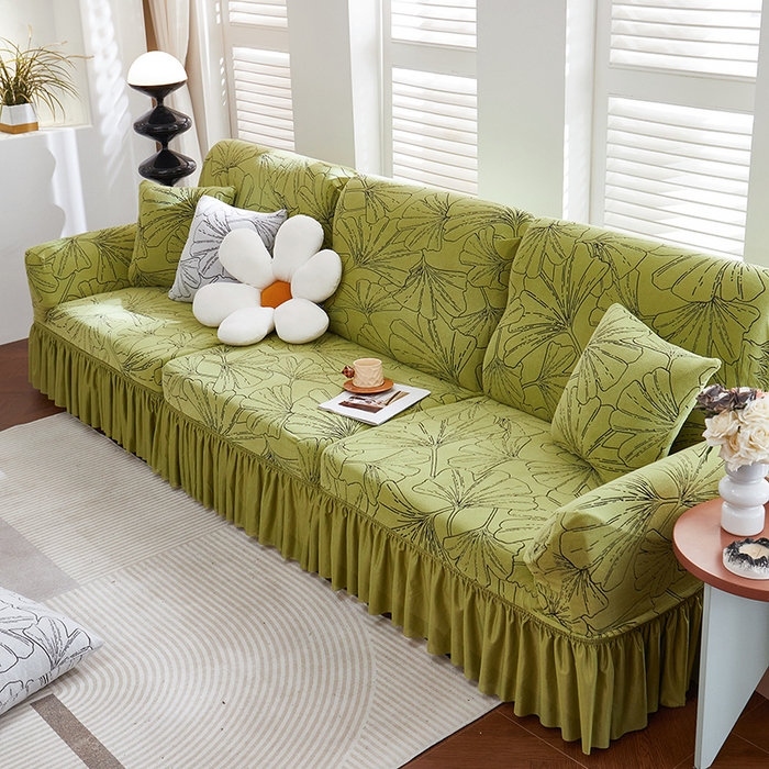 91家纺网 家纺一手货源 找家纺 丝绮鹿 2025新款银杏叶系列-沙发套裙边款 橄榄绿