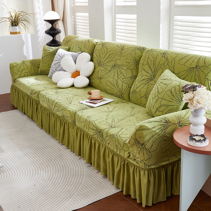 91家纺网 家纺一手货源 找家纺 丝绮鹿 2025新款银杏叶系列-沙发套裙边款 橄榄绿