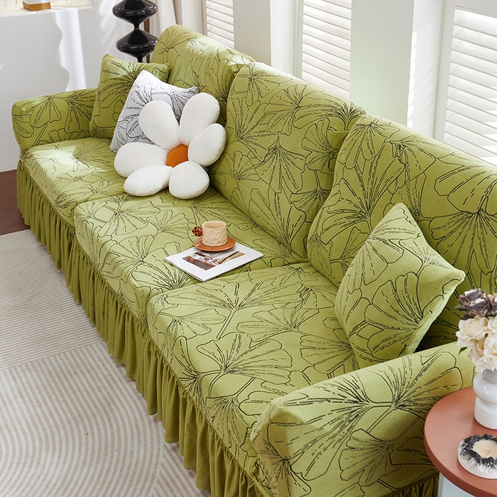 91家纺网 家纺一手货源 找家纺 丝绮鹿 2025新款银杏叶系列-沙发套裙边款 橄榄绿