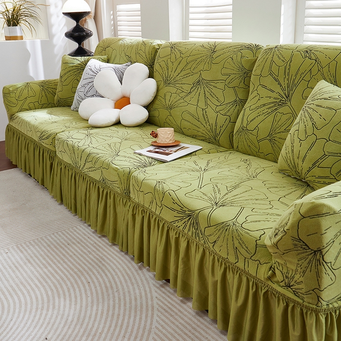 91家纺网 家纺一手货源 找家纺 丝绮鹿 2025新款银杏叶系列-沙发套裙边款 橄榄绿