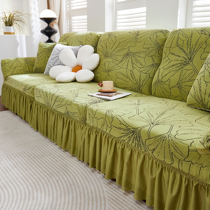 91家纺网 家纺一手货源 找家纺 丝绮鹿 2025新款银杏叶系列-沙发套裙边款 橄榄绿