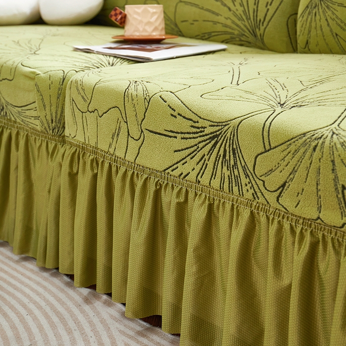 91家纺网 家纺一手货源 找家纺 丝绮鹿 2025新款银杏叶系列-沙发套裙边款 橄榄绿