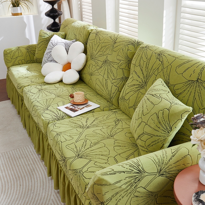 91家纺网 家纺一手货源 找家纺 丝绮鹿 2025新款银杏叶系列-沙发套裙边款 橄榄绿