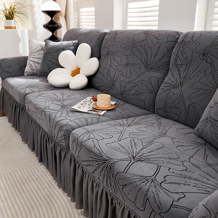 91家纺网 家纺一手货源 找家纺 丝绮鹿 2025新款银杏叶系列-沙发套裙边款 绅士灰