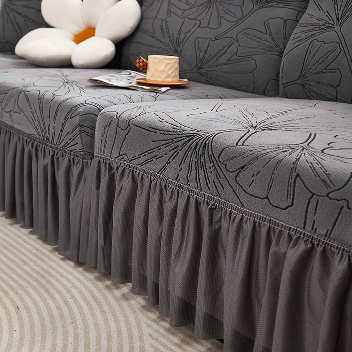 91家纺网 家纺一手货源 找家纺 丝绮鹿 2025新款银杏叶系列-沙发套裙边款 绅士灰