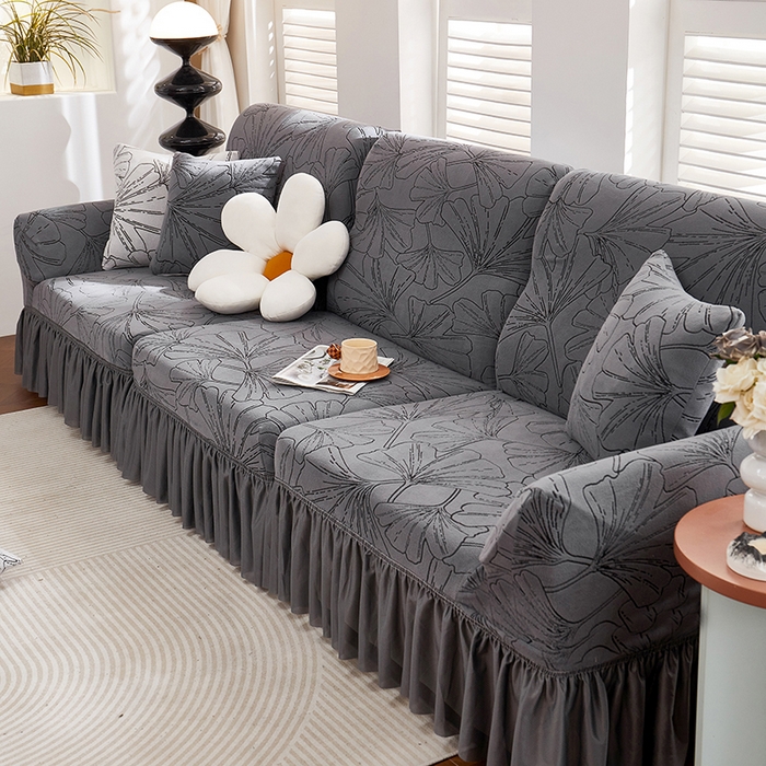 91家纺网 家纺一手货源 找家纺 丝绮鹿 2025新款银杏叶系列-沙发套裙边款 绅士灰