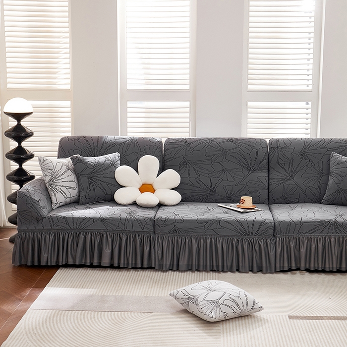 91家纺网 家纺一手货源 找家纺 丝绮鹿 2025新款银杏叶系列-沙发套裙边款 绅士灰