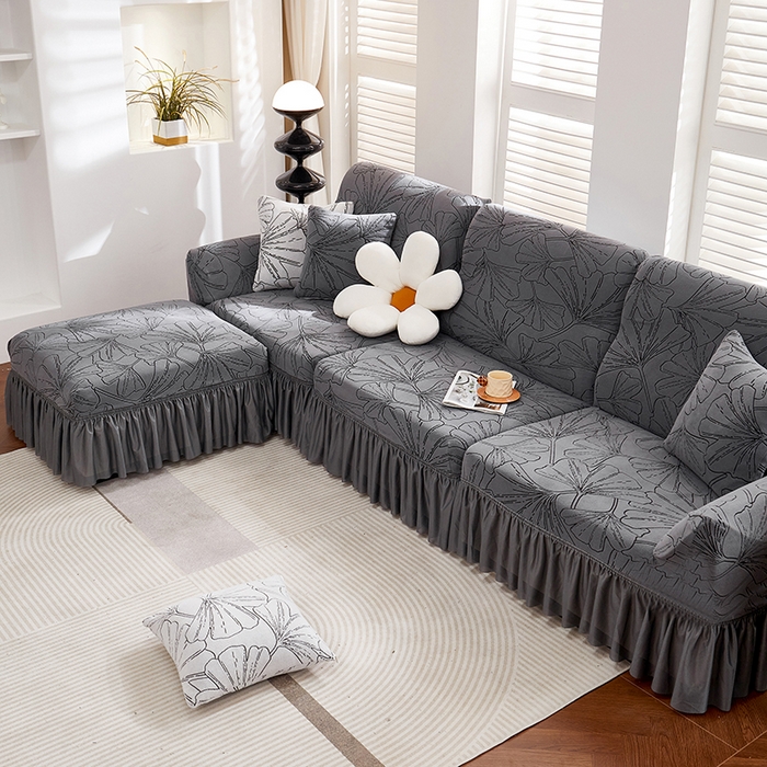 91家纺网 家纺一手货源 找家纺 丝绮鹿 2025新款银杏叶系列-沙发套裙边款 绅士灰