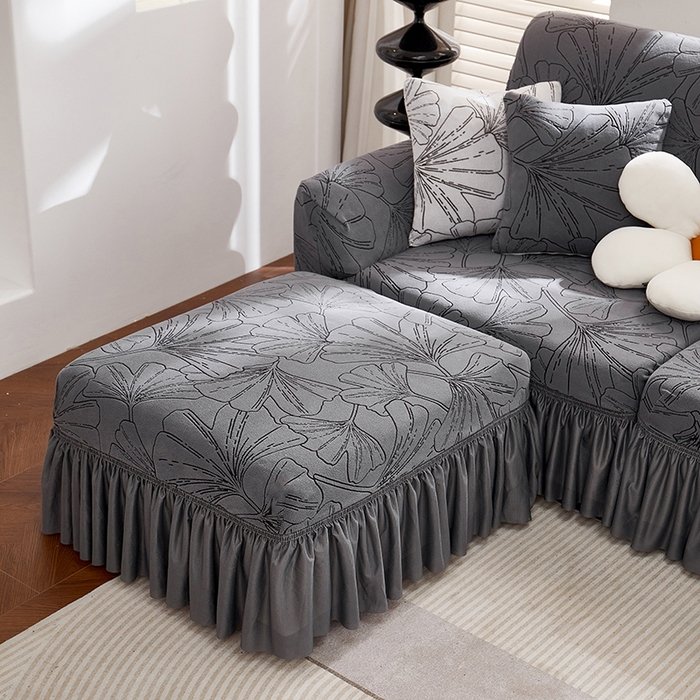 91家纺网 家纺一手货源 找家纺 丝绮鹿 2025新款银杏叶系列-沙发套裙边款 绅士灰