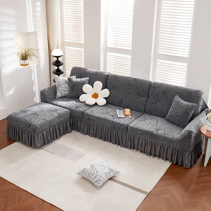 91家纺网 家纺一手货源 找家纺 丝绮鹿 2025新款银杏叶系列-沙发套裙边款 绅士灰