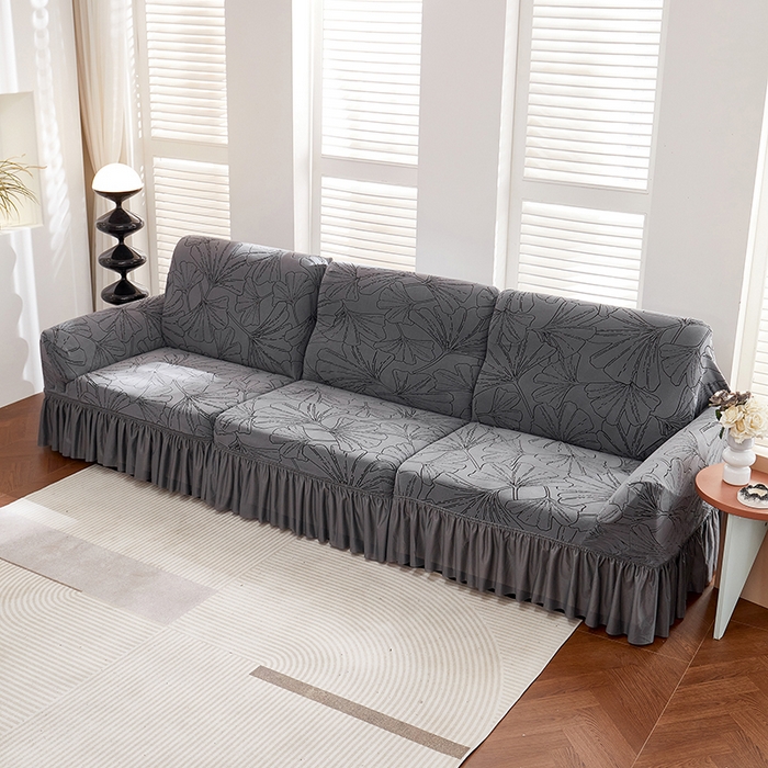 91家纺网 家纺一手货源 找家纺 丝绮鹿 2025新款银杏叶系列-沙发套裙边款 绅士灰