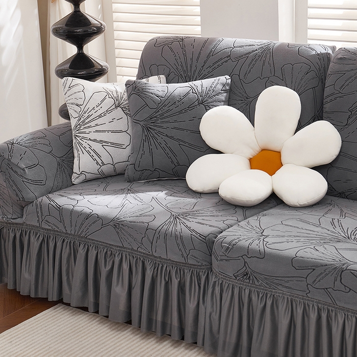 91家纺网 家纺一手货源 找家纺 丝绮鹿 2025新款银杏叶系列-沙发套裙边款 绅士灰