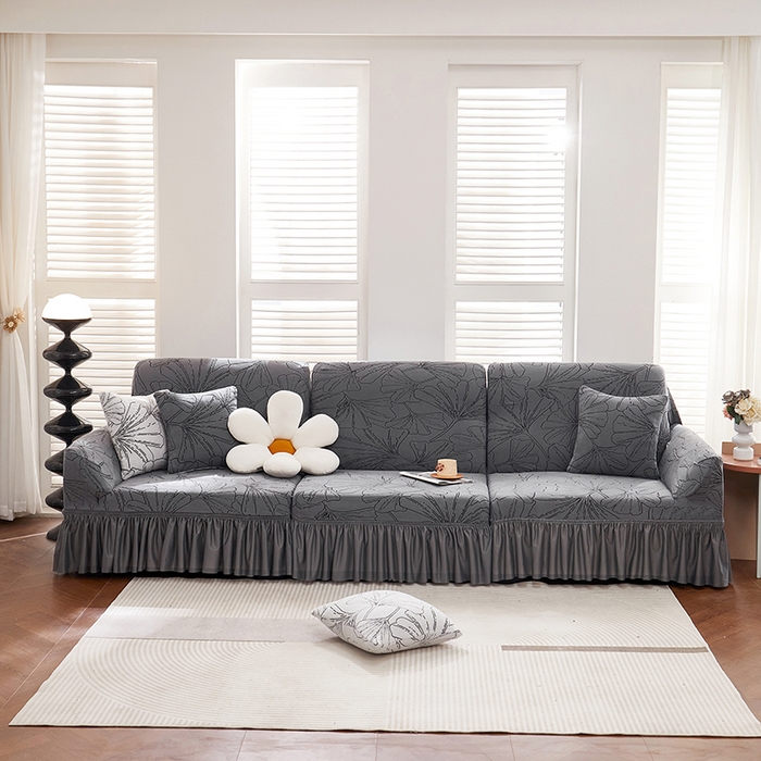 91家纺网 家纺一手货源 找家纺 丝绮鹿 2025新款银杏叶系列-沙发套裙边款 绅士灰