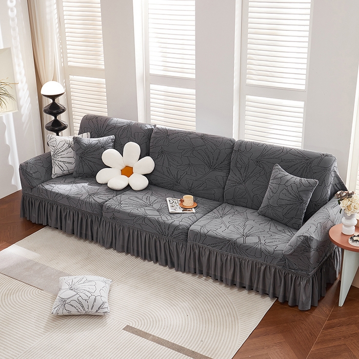 91家纺网 家纺一手货源 找家纺 丝绮鹿 2025新款银杏叶系列-沙发套裙边款 绅士灰