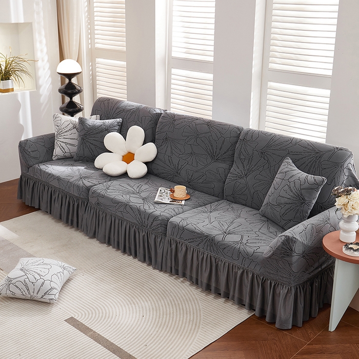 91家纺网 家纺一手货源 找家纺 丝绮鹿 2025新款银杏叶系列-沙发套裙边款 绅士灰