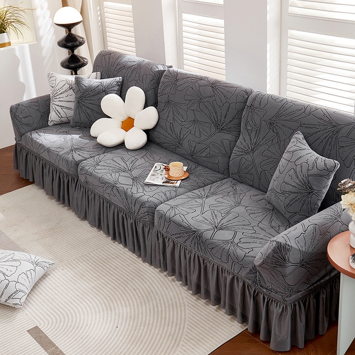 91家纺网 家纺一手货源 找家纺 丝绮鹿 2025新款银杏叶系列-沙发套裙边款 绅士灰