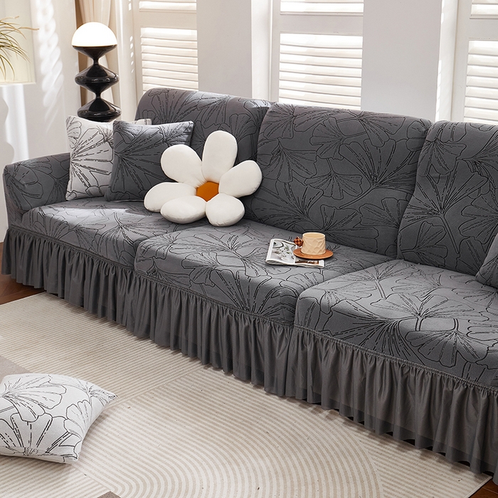 91家纺网 家纺一手货源 找家纺 丝绮鹿 2025新款银杏叶系列-沙发套裙边款 绅士灰