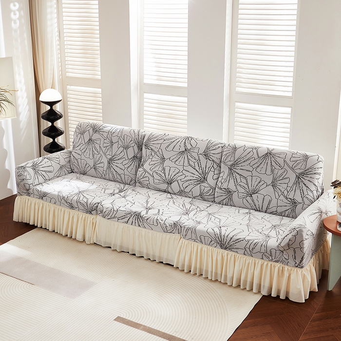 91家纺网 家纺一手货源 找家纺 丝绮鹿 2025新款银杏叶系列-沙发套裙边款 象牙白