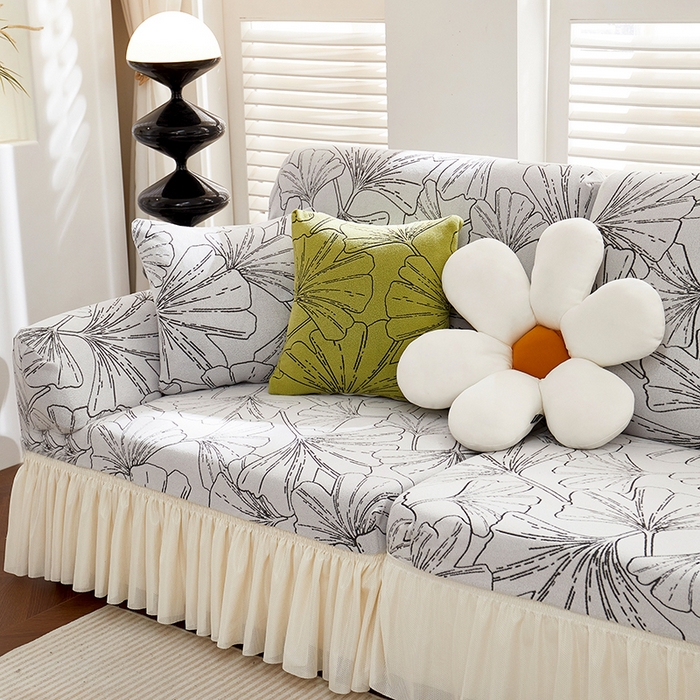 91家纺网 家纺一手货源 找家纺 丝绮鹿 2025新款银杏叶系列-沙发套裙边款 象牙白