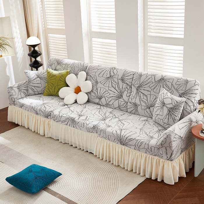 91家纺网 家纺一手货源 找家纺 丝绮鹿 2025新款银杏叶系列-沙发套裙边款 象牙白