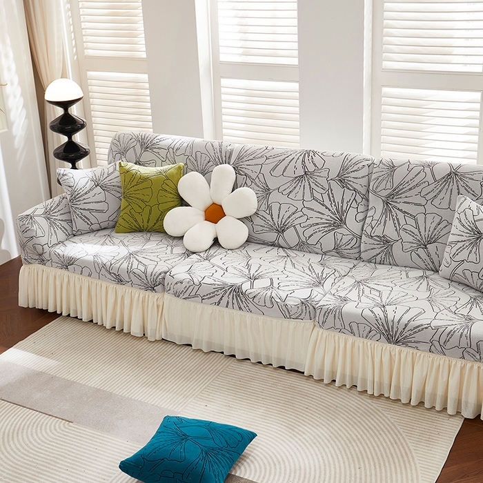 91家纺网 家纺一手货源 找家纺 丝绮鹿 2025新款银杏叶系列-沙发套裙边款 象牙白