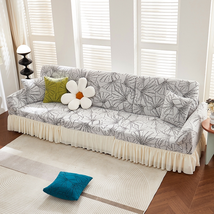 91家纺网 家纺一手货源 找家纺 丝绮鹿 2025新款银杏叶系列-沙发套裙边款 象牙白