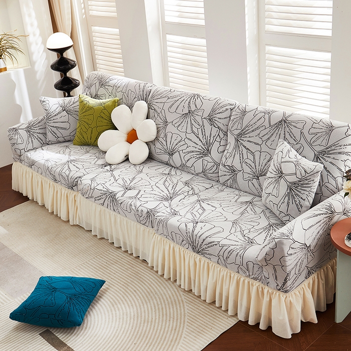 91家纺网 家纺一手货源 找家纺 丝绮鹿 2025新款银杏叶系列-沙发套裙边款 象牙白