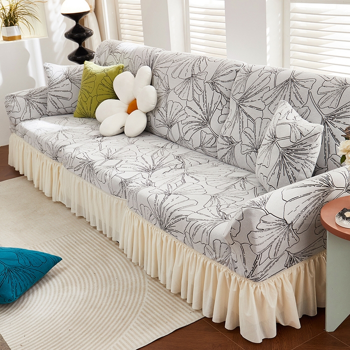 91家纺网 家纺一手货源 找家纺 丝绮鹿 2025新款银杏叶系列-沙发套裙边款 象牙白