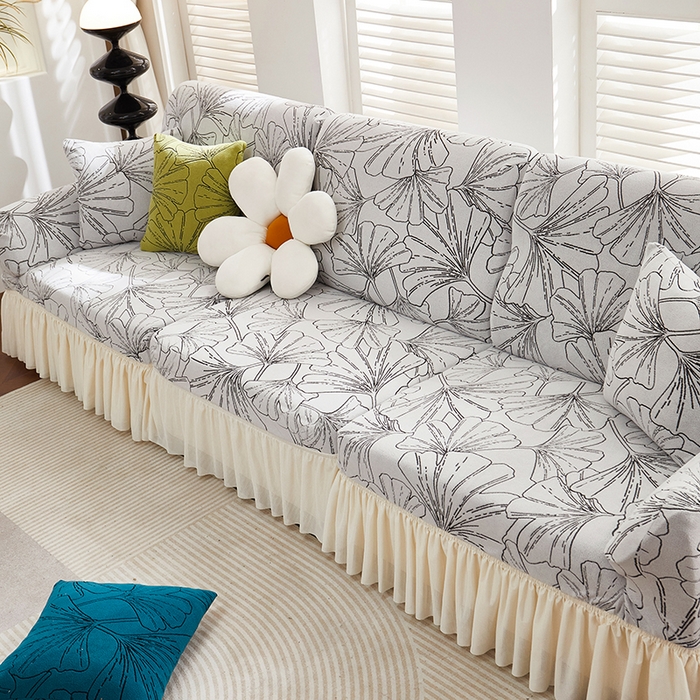 91家纺网 家纺一手货源 找家纺 丝绮鹿 2025新款银杏叶系列-沙发套裙边款 象牙白