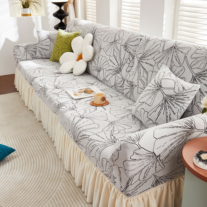 91家纺网 家纺一手货源 找家纺 丝绮鹿 2025新款银杏叶系列-沙发套裙边款 象牙白