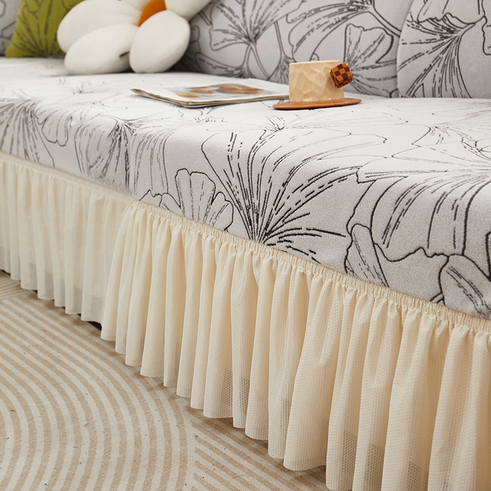 91家纺网 家纺一手货源 找家纺 丝绮鹿 2025新款银杏叶系列-沙发套裙边款 象牙白