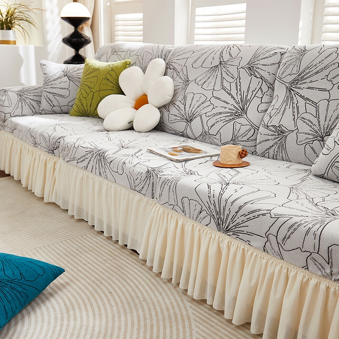 91家纺网 家纺一手货源 找家纺 丝绮鹿 2025新款银杏叶系列-沙发套裙边款 象牙白