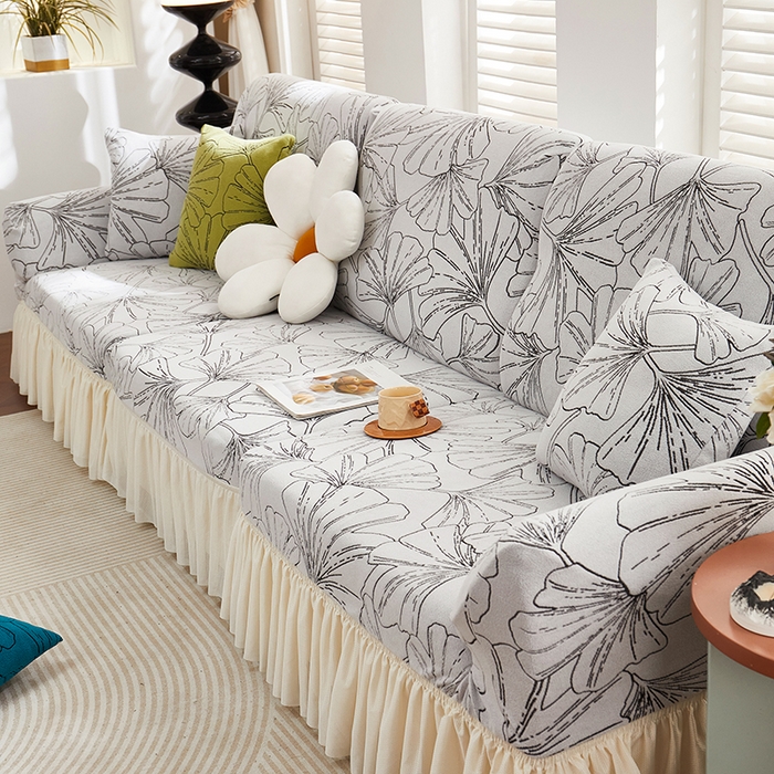 91家纺网 家纺一手货源 找家纺 丝绮鹿 2025新款银杏叶系列-沙发套裙边款 象牙白