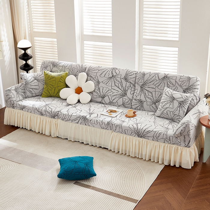 91家纺网 家纺一手货源 找家纺 丝绮鹿 2025新款银杏叶系列-沙发套裙边款 象牙白