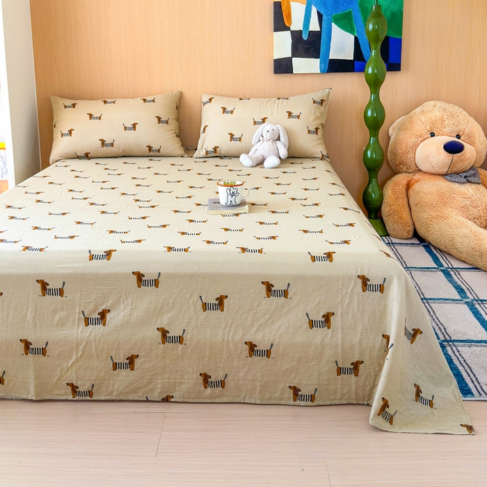 91家纺网 家纺一手货源 找家纺 2025新款全棉双层纱单品床单床笠枕套-单床单 腊肠狗